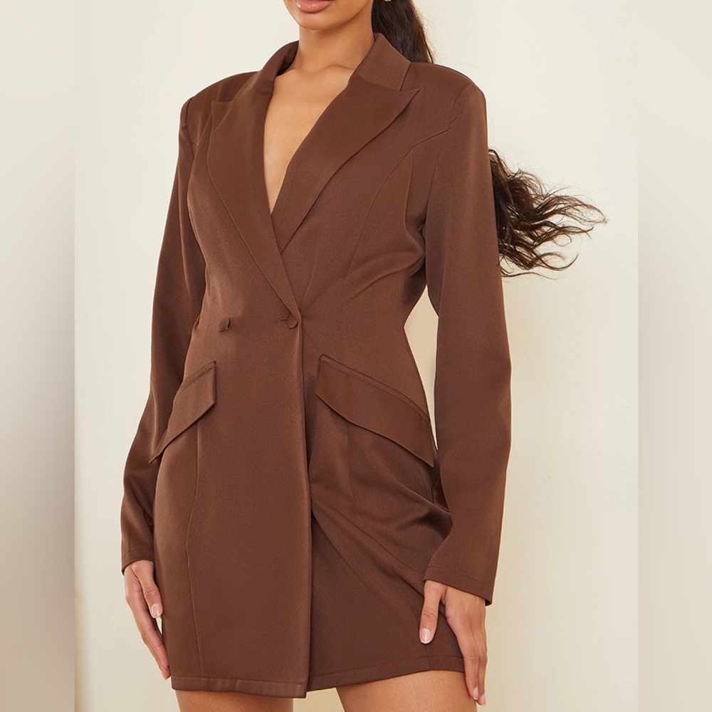 Chocolate Long Sleeve Pinched Waist Button Detail Blazer Dress